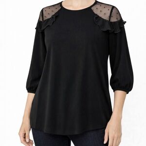 Emma & Olive Black Sheer Mesh Polka Dot Shoulder Top XL Ruffle Detail 3/4 Sleeve